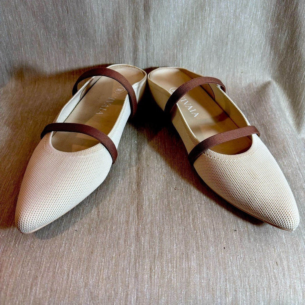 VIVAIA Sz 38 Pointy Toe Contrasting Straps Slip On Canvas Shoes Mules